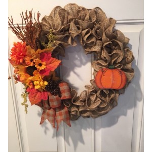 Fall Burlap Wreath With Pumpkin And Flowers    142890036681
